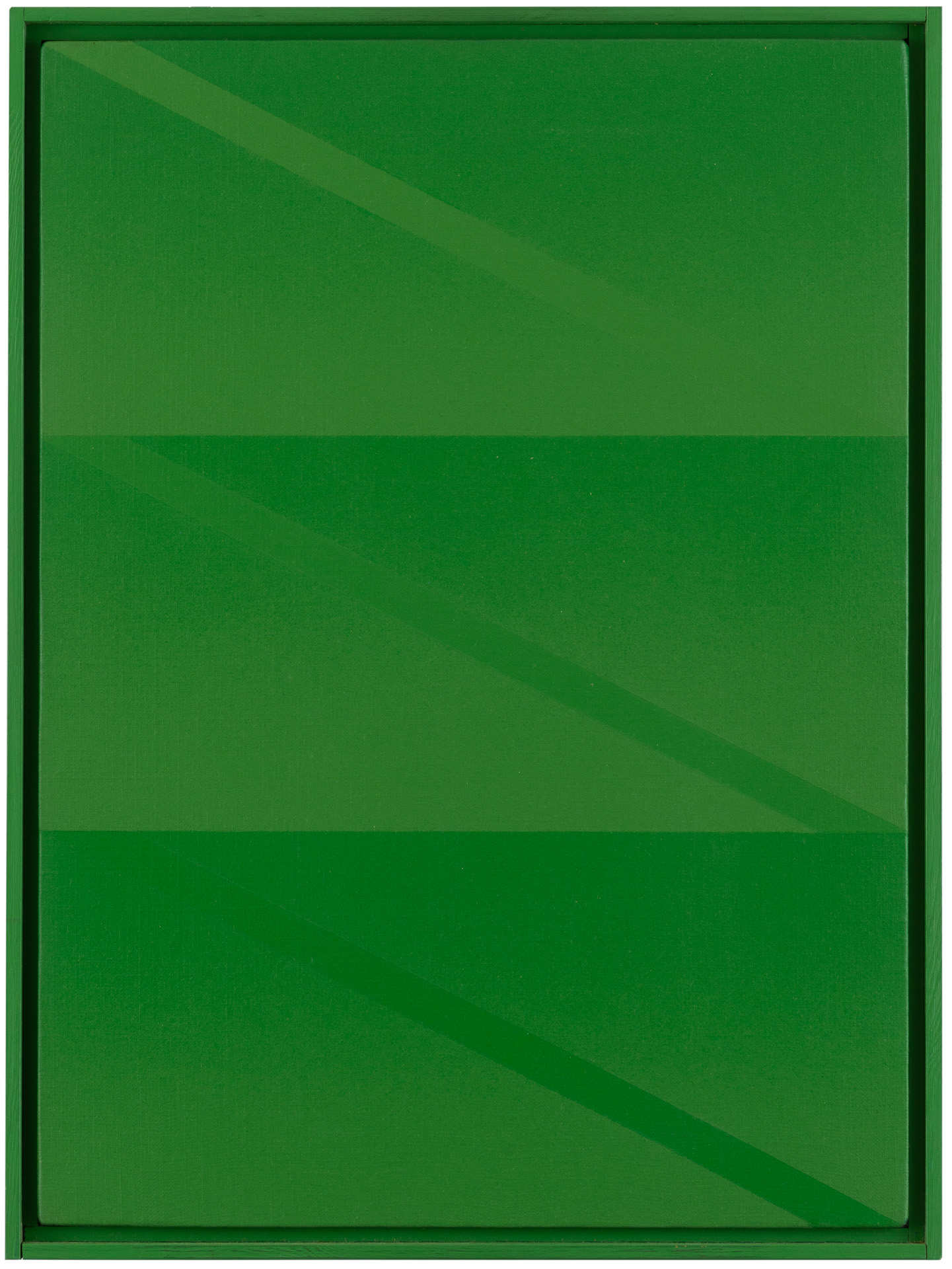 近藤竜男〈Three Diagonal Stripes Green. No8.〉, アクリル・カンヴァス, 48.0×36.0, 1973