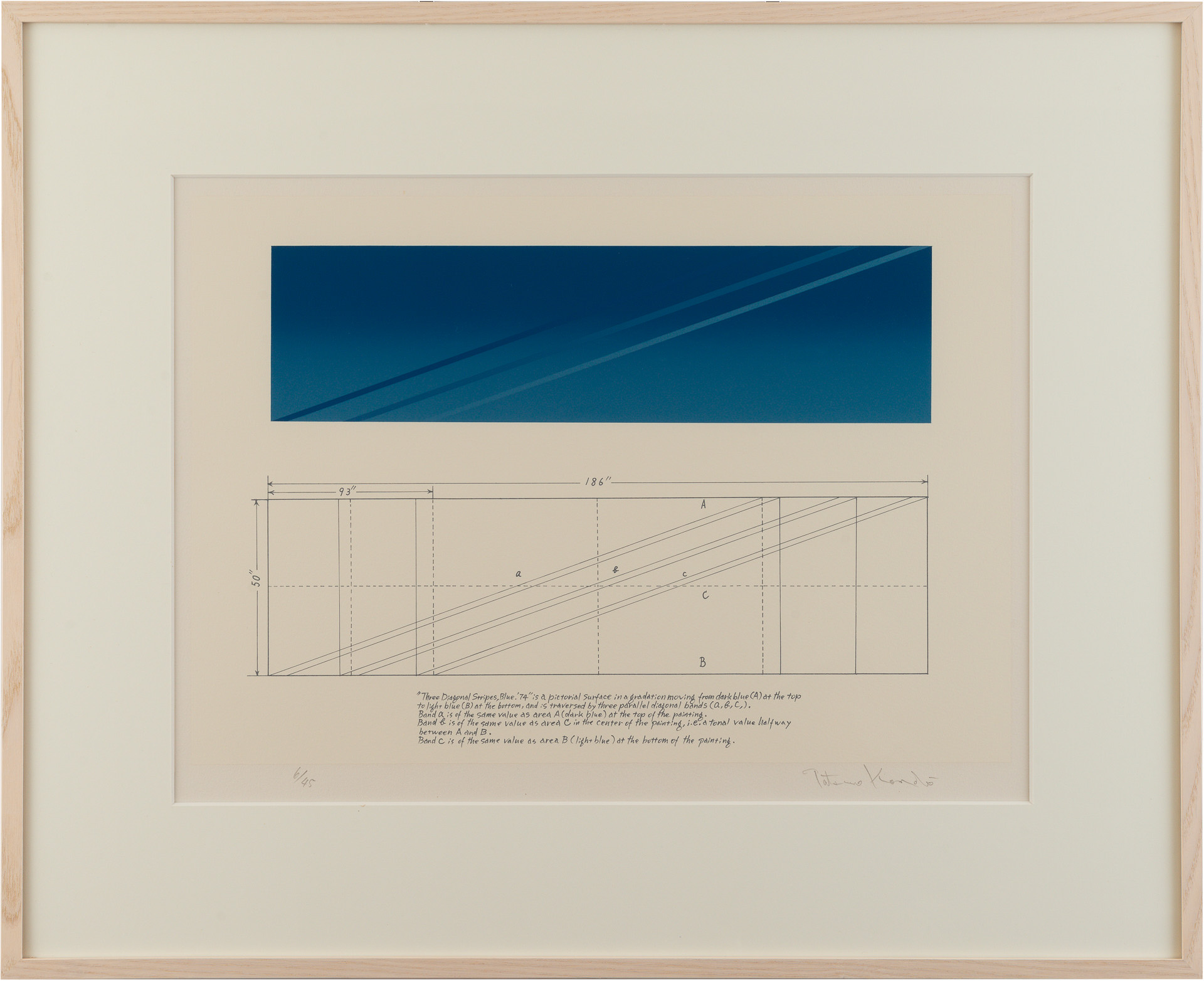 近藤竜男〈Three Diagonal Stripes, Blue. '74〉, シルクスクリーン・紙, 32.4×46.8, 1974