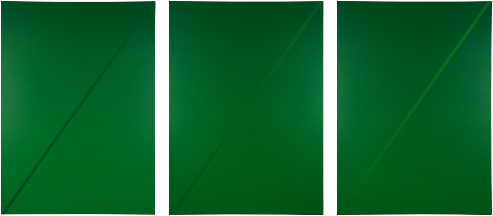 近藤竜男〈“Three Diagonal Stripes” Green No.1〉, アクリル・カンヴァス, 182.0×397.5, 1974