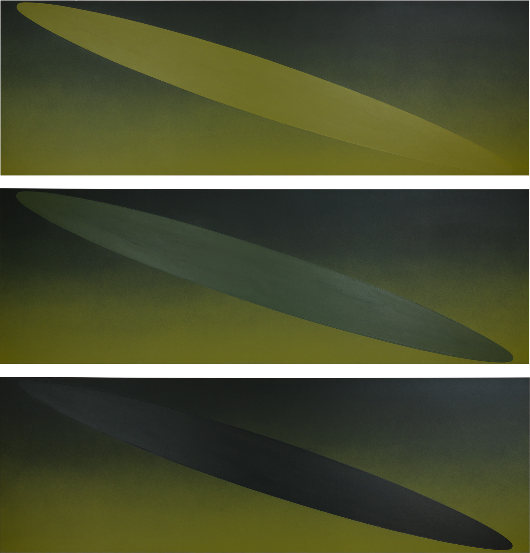 近藤竜男〈Three Ellipses: Green〉, アクリル・カンヴァス, 91.5×274.5×3枚組, SOKO東京画廊個展 1994, 1992–1993