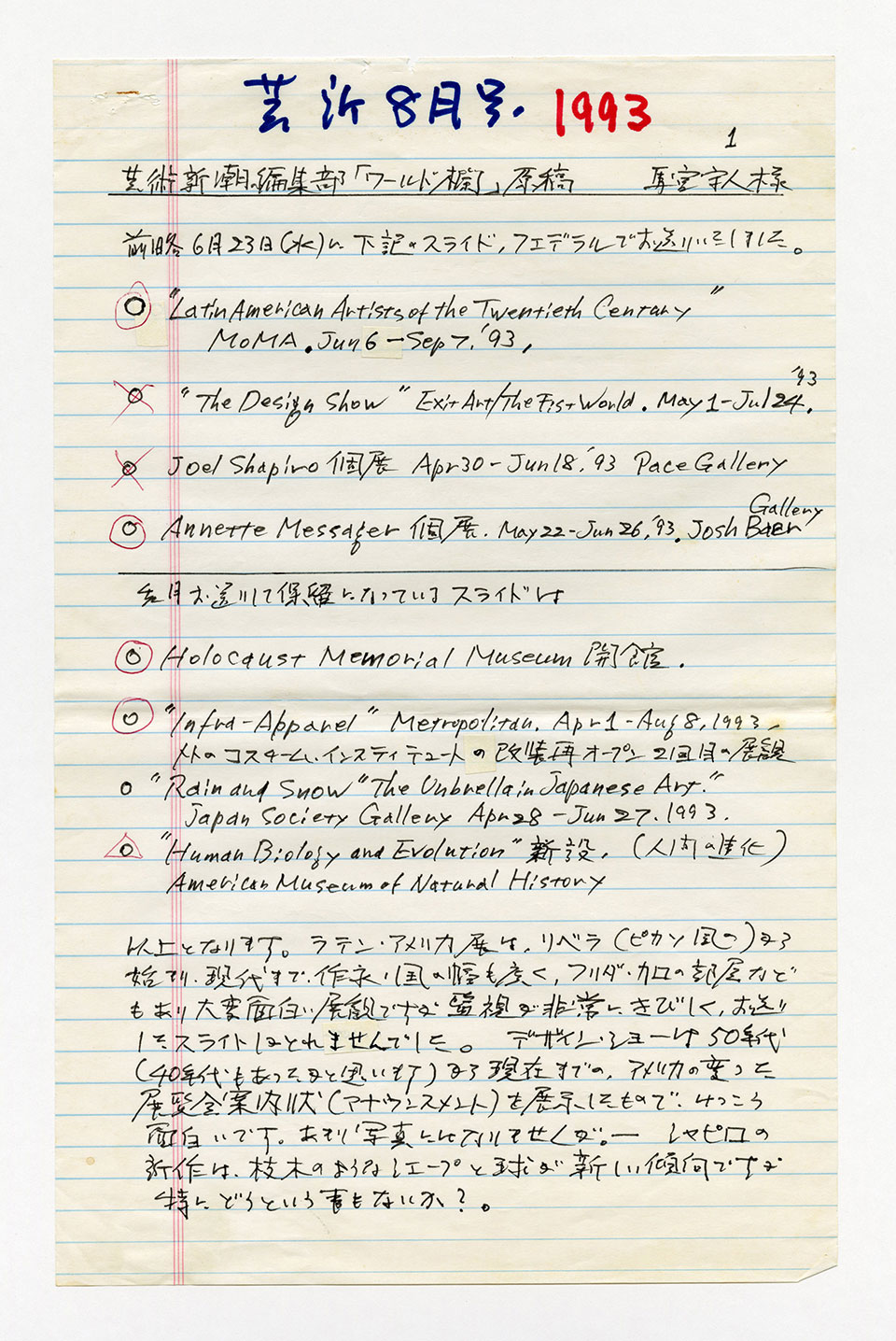 寄稿文, 芸術新潮 ワールド・スナップ欄 1993年8月号