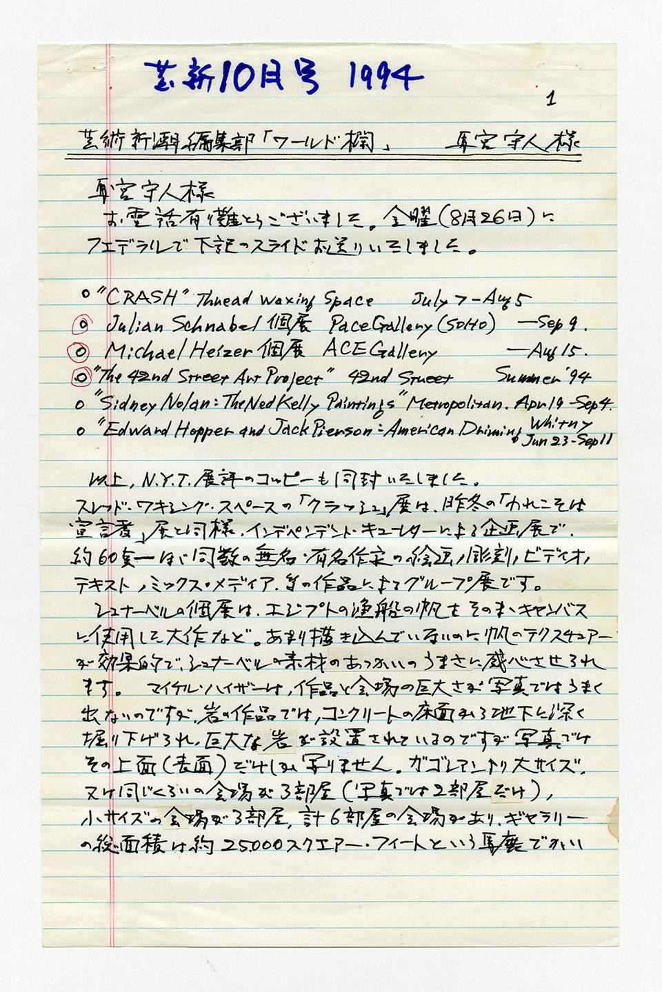 寄稿文, 芸術新潮 ワールド・スナップ欄 1994年10月号