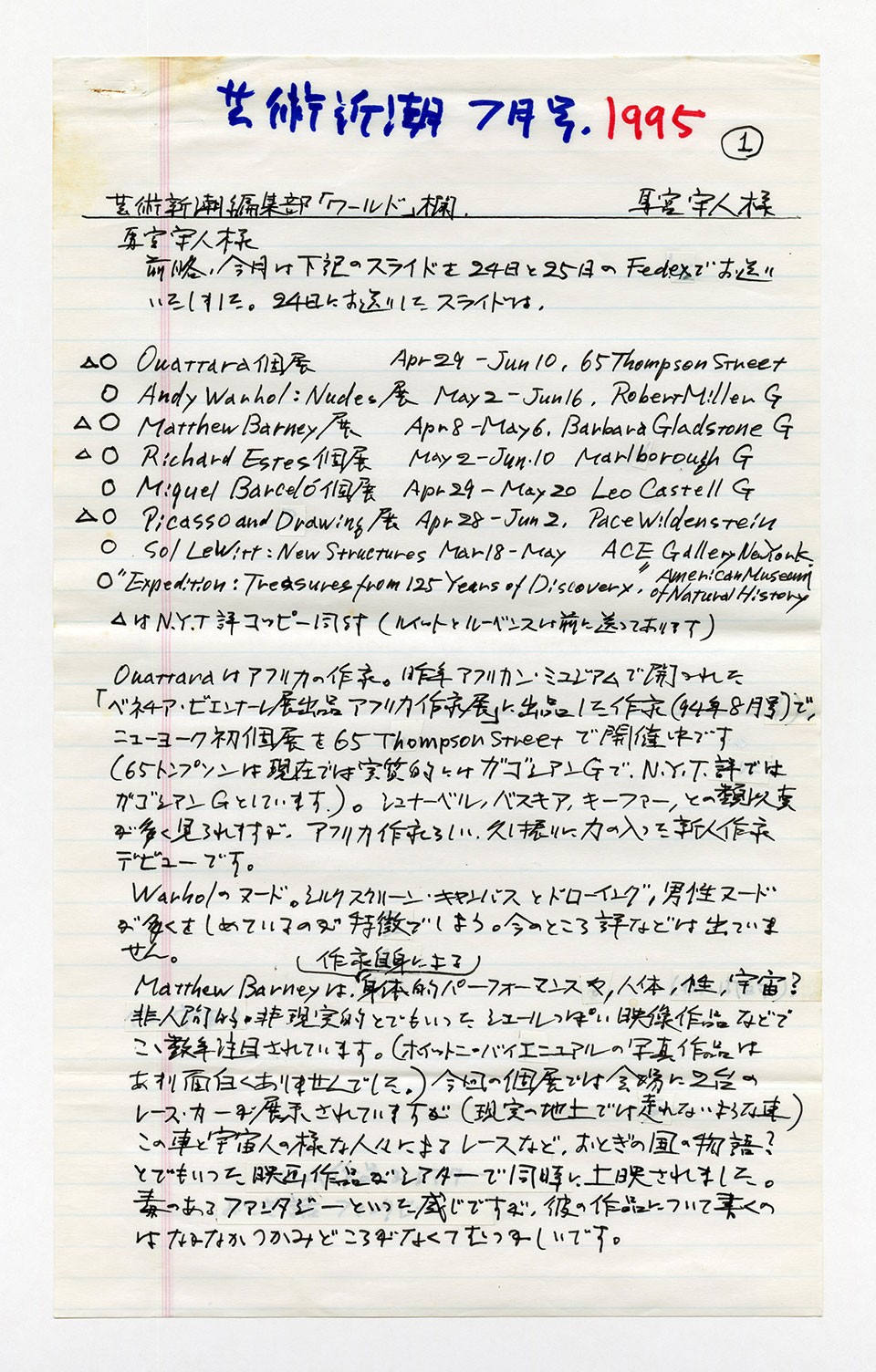 寄稿文, 芸術新潮 ワールド・スナップ欄 1995年7月号