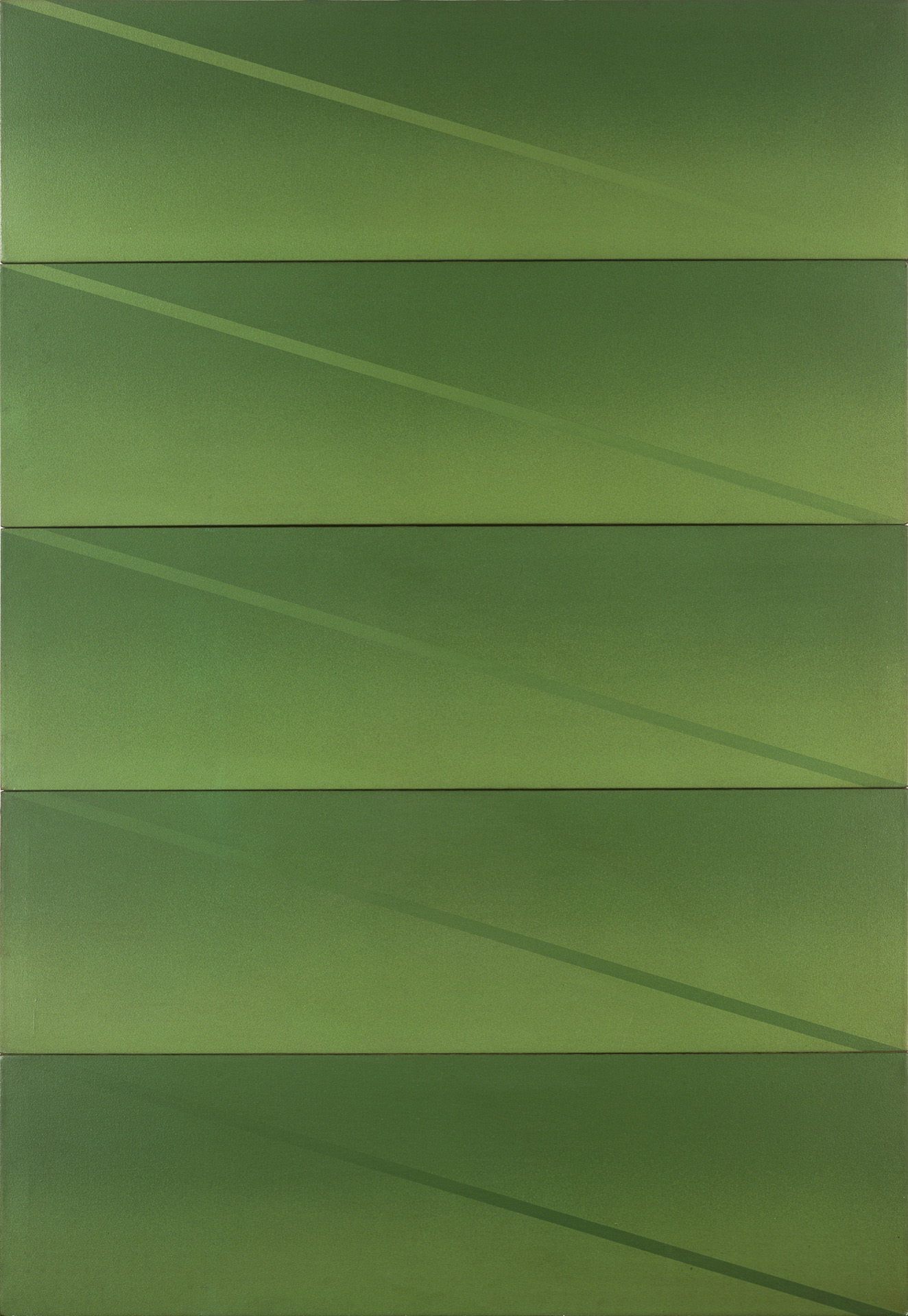 近藤竜男〈Five Diagonal Stripes〉, アクリル・カンヴァス, 178×122, 東京画廊展 1971, 1970